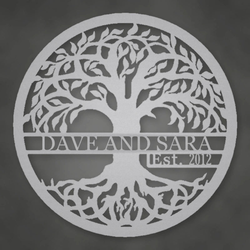 Tree Of Life With Established Date Personalized Name Metal Sign shown in Metallic Silver powder coat finish.
