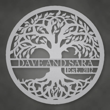 Tree Of Life With Established Date Personalized Name Metal Sign shown in Metallic Silver powder coat finish.