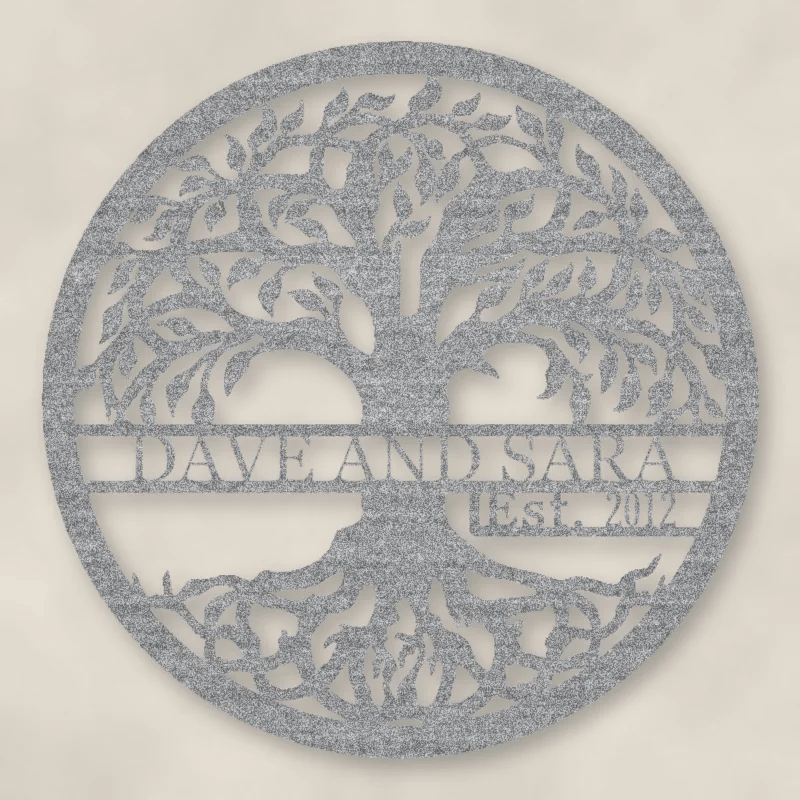 Tree Of Life With Established Date Personalized Name Metal Sign Raw Steel / Rust animated finish preview Shopify Ready.