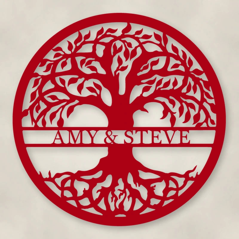 Tree Of Life With Personalized Name Metal Sign shown in Gloss Red powder coat finish.