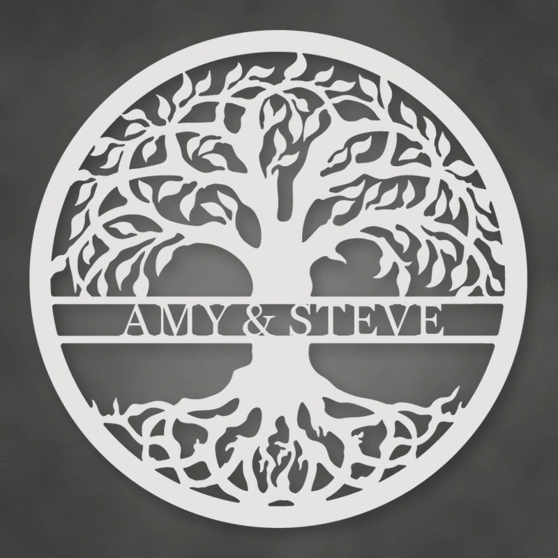 Tree Of Life With Personalized Name Metal Sign shown in Gloss White powder coat finish.
