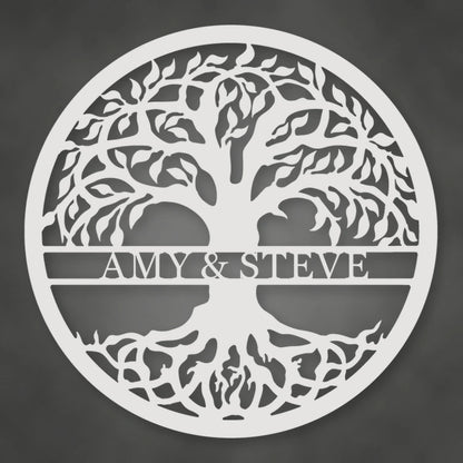 Tree Of Life With Personalized Name Metal Sign shown in Gloss White powder coat finish.