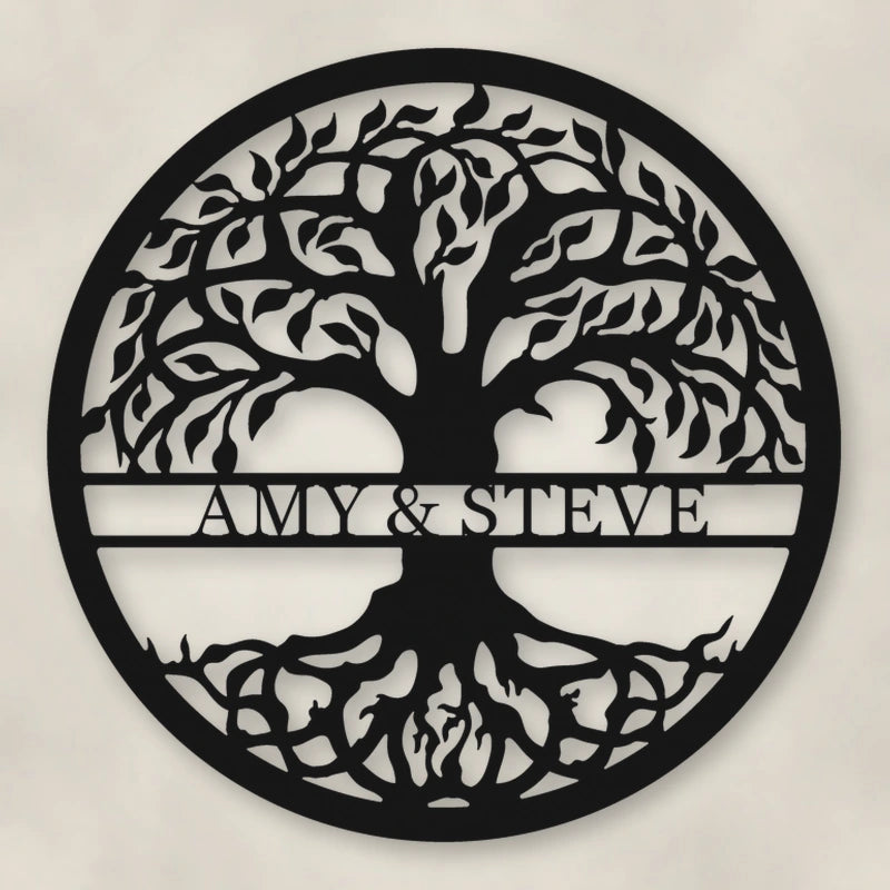 Tree Of Life With Personalized Name Metal Sign shown in Matte Black powder coat finish.