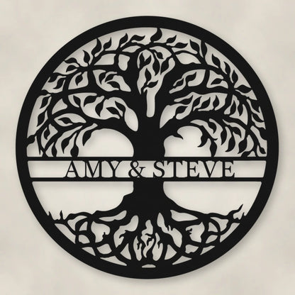 Tree Of Life With Personalized Name Metal Sign shown in Matte Black powder coat finish.