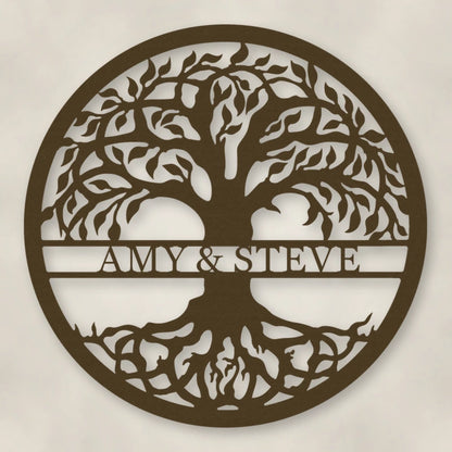 Tree Of Life With Personalized Name Metal Sign shown in Metallic Bronze powder coat finish.