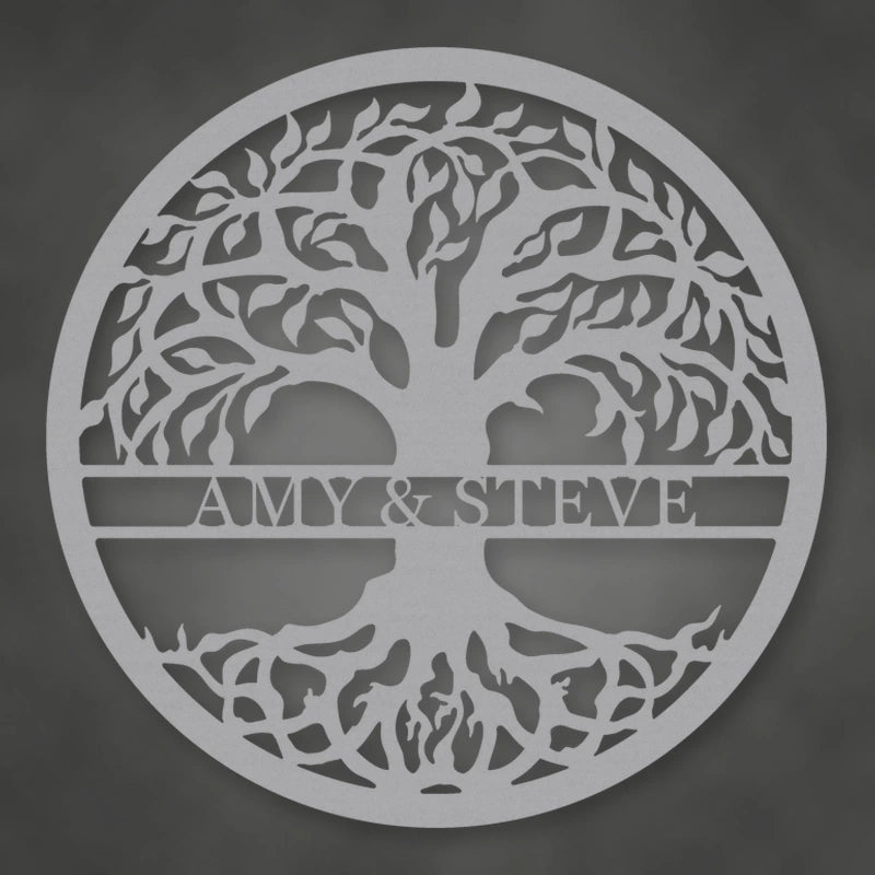 Tree Of Life With Personalized Name Metal Sign shown in Metallic Silver powder coat finish.