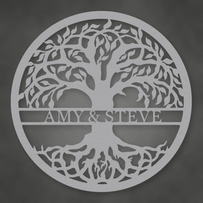 Tree Of Life With Personalized Name Metal Sign shown in Metallic Silver powder coat finish.