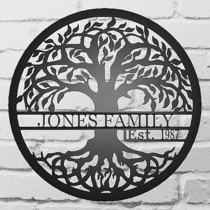 Tree of Life with Established Date Personalized Name Metal Sign Black with "JONES FAMILY 1987" personalization