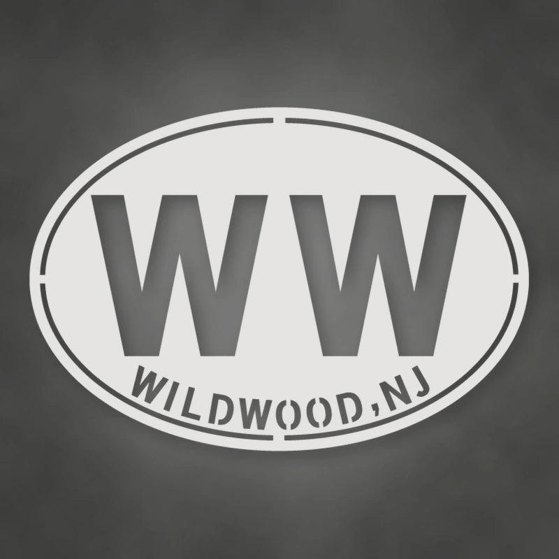 Wildwood New Jersey WW Oval Metal Wall Sign shown in Gloss White powder coat finish.