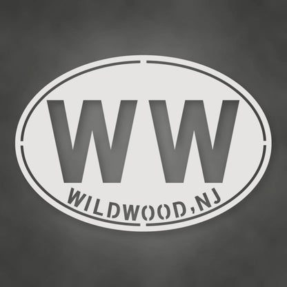Wildwood New Jersey WW Oval Metal Wall Sign shown in Gloss White powder coat finish.