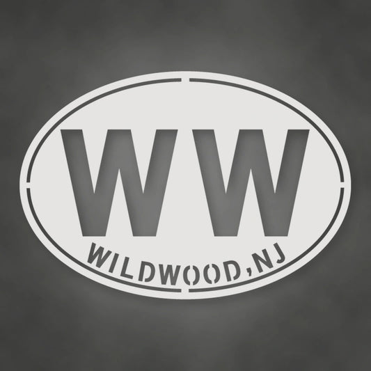 Wildwood New Jersey WW Oval Metal Wall Sign shown in Gloss White powder coat finish.