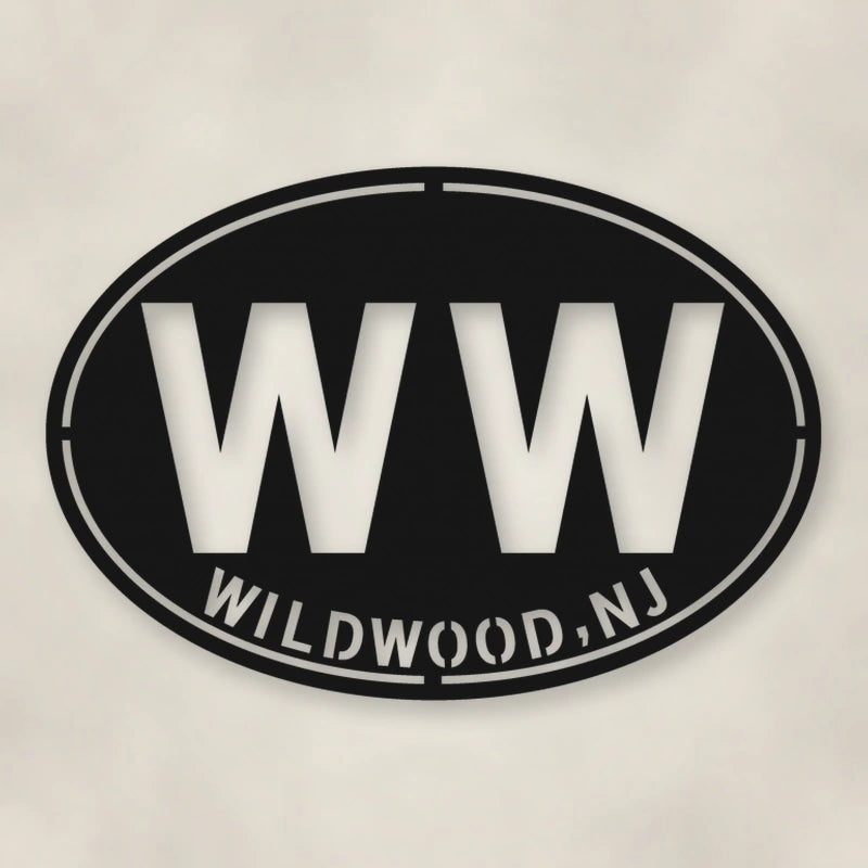 Wildwood New Jersey WW Oval Metal Wall Sign shown in Matte Black powder coat finish.
