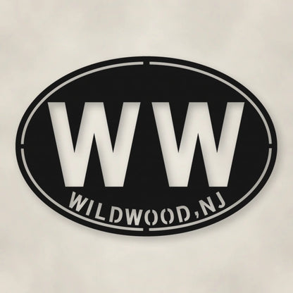 Wildwood New Jersey WW Oval Metal Wall Sign shown in Matte Black powder coat finish.