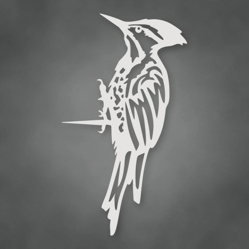 Woodpecker Metal Tree Sign shown in Gloss White powder coat finish.