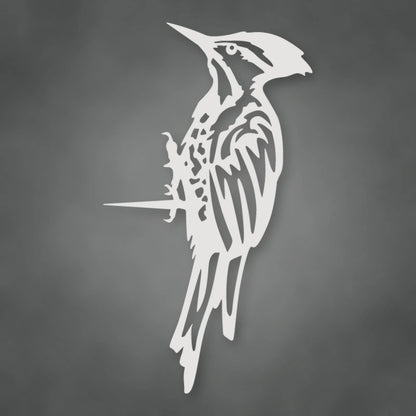 Woodpecker Metal Tree Sign shown in Gloss White powder coat finish.