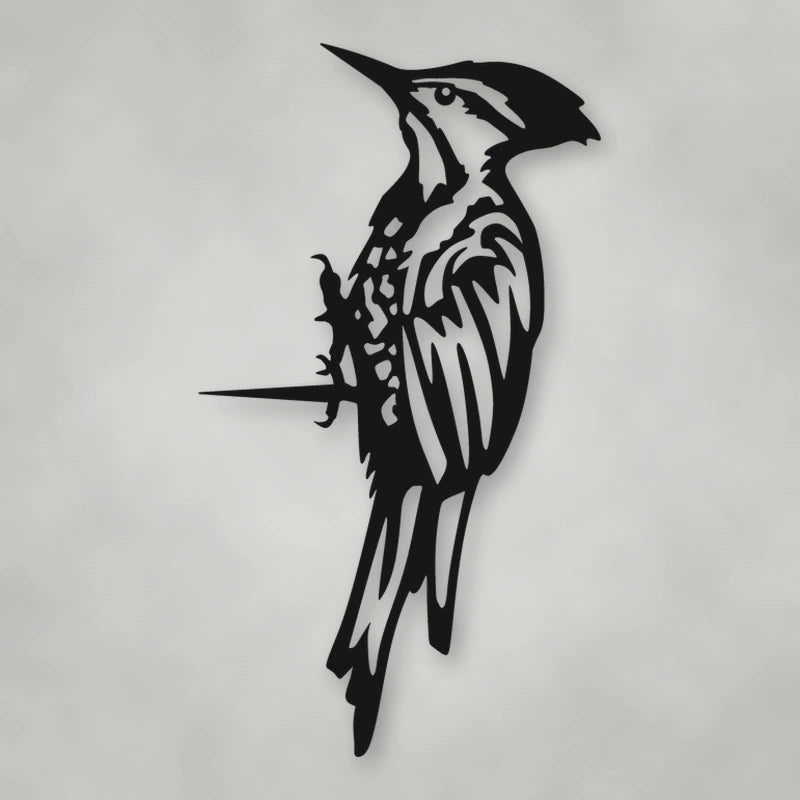 Woodpecker Metal Tree Sign shown in Matte Black powder coat finish.