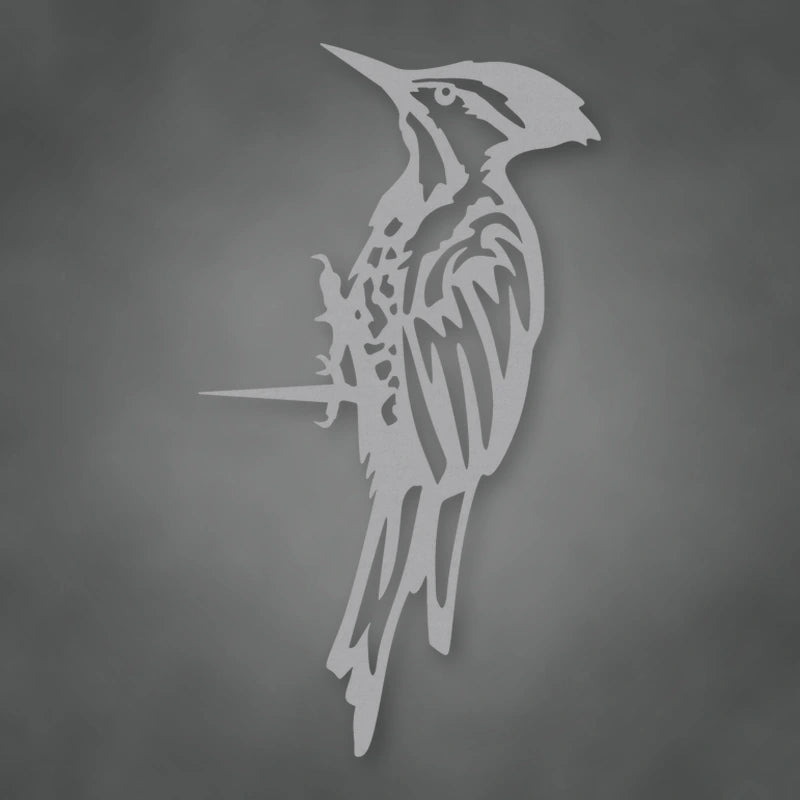 Woodpecker Metal Tree Sign shown in Metallic Silver powder coat finish.
