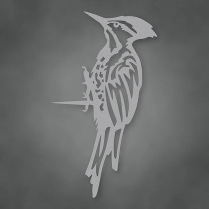 Woodpecker Metal Tree Sign shown in Metallic Silver powder coat finish.