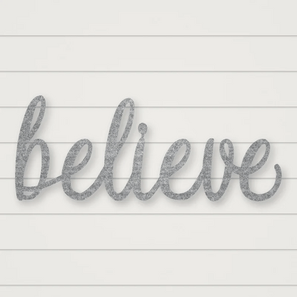 Believe Script Metal Sign Raw Steel / Rust animated finish preview Shopify Ready.