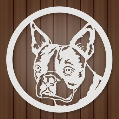 Boston Terrier Dog Silhouette Metal Sign shown in Gloss White powder coat finish.