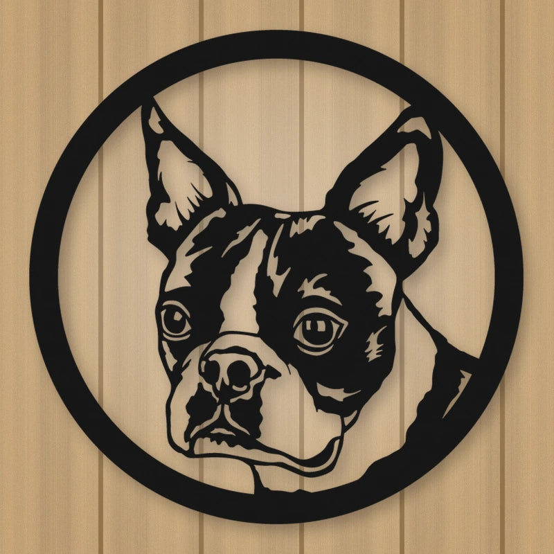 Boston Terrier Dog Silhouette Metal Sign shown in Matte Black powder coat finish.