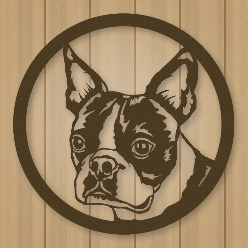 Boston Terrier Dog Silhouette Metal Sign shown in Metallic Bronze powder coat finish.