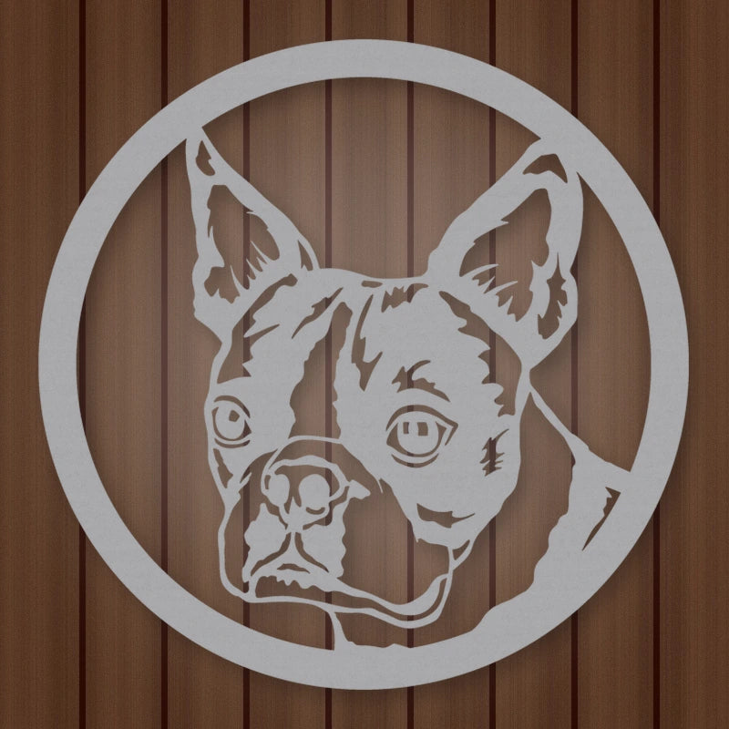 Boston Terrier Dog Silhouette Metal Sign shown in Metallic Silver powder coat finish.
