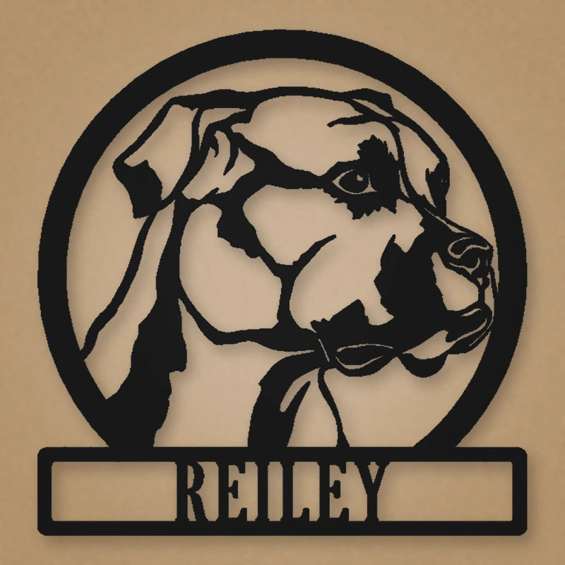 Boxer Dog Silhouette With Personalized Name Metal Sign shown in Matte Black powder coat finish.