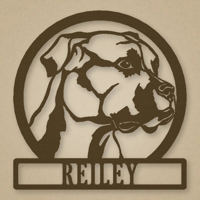 Boxer Dog Silhouette With Personalized Name Metal Sign shown in Metallic Bronze powder coat finish.