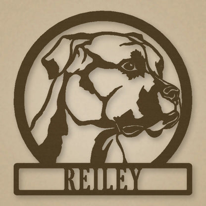 Boxer Dog Silhouette With Personalized Name Metal Sign shown in Metallic Bronze powder coat finish.