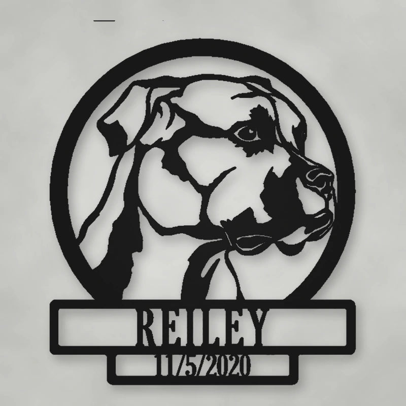 Boxer Dog Silhouette With Personalized Name And Date Metal Sign shown in Matte Black powder coat finish.