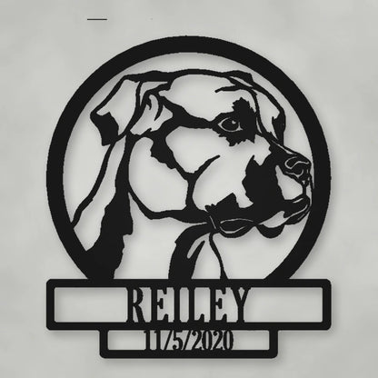 Boxer Dog Silhouette With Personalized Name And Date Metal Sign shown in Matte Black powder coat finish.