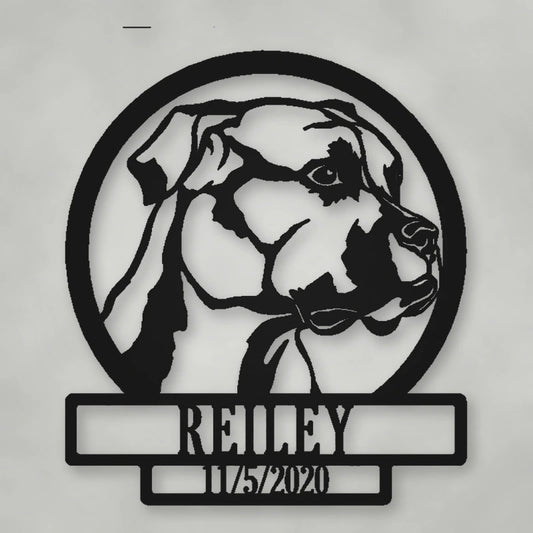 Boxer Dog Silhouette With Personalized Name And Date Metal Sign shown in Matte Black powder coat finish.