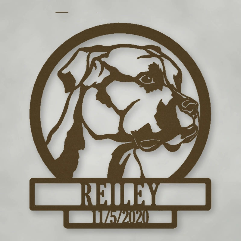 Boxer Dog Silhouette With Personalized Name And Date Metal Sign shown in Metallic Bronze powder coat finish.