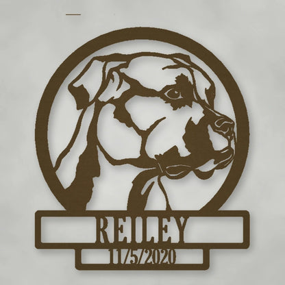 Boxer Dog Silhouette With Personalized Name And Date Metal Sign shown in Metallic Bronze powder coat finish.