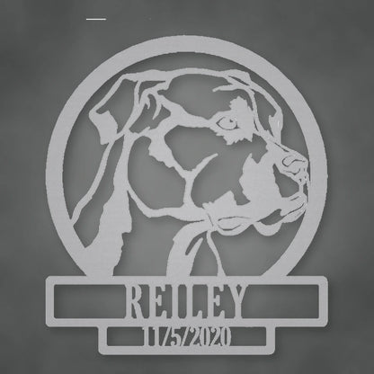 Boxer Dog Silhouette With Personalized Name And Date Metal Sign shown in Metallic Silver powder coat finish.
