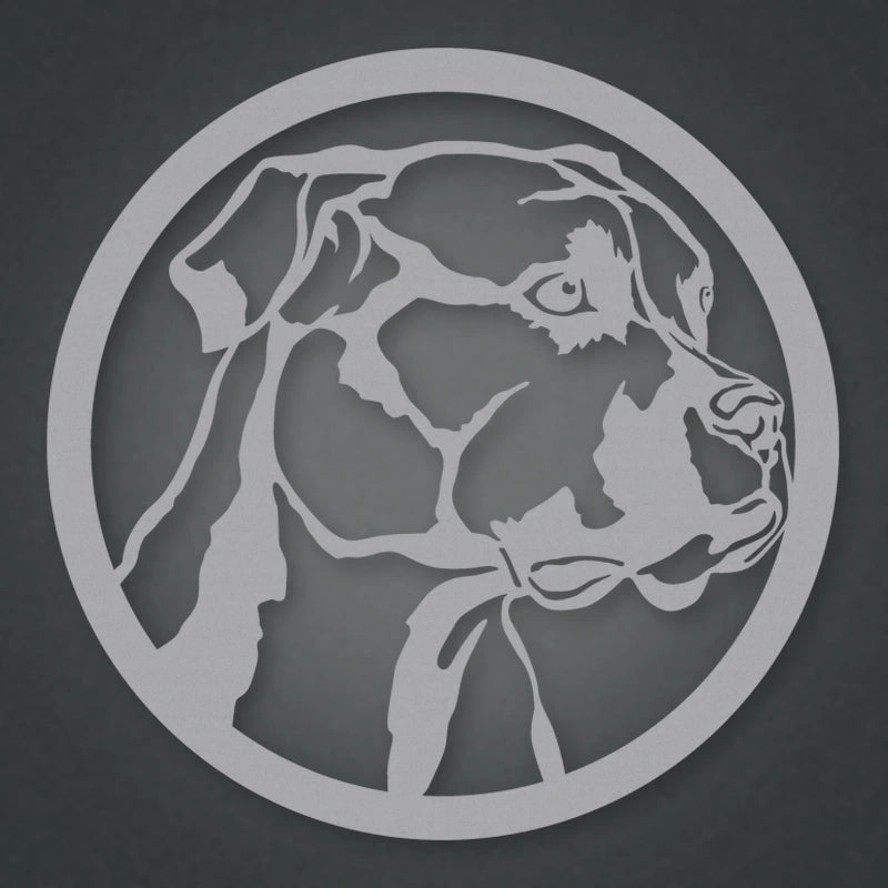 Boxer Dog Silhouette Metal Sign shown in Metallic Silver powder coat finish.