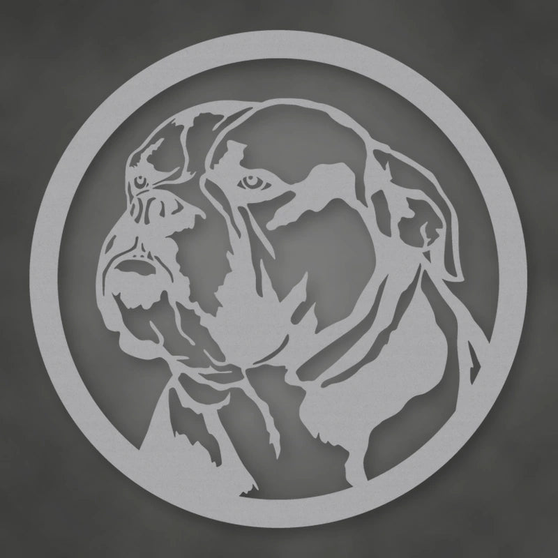 English Bulldog Silhouette Metal Sign shown in Metallic Silver powder coat finish.