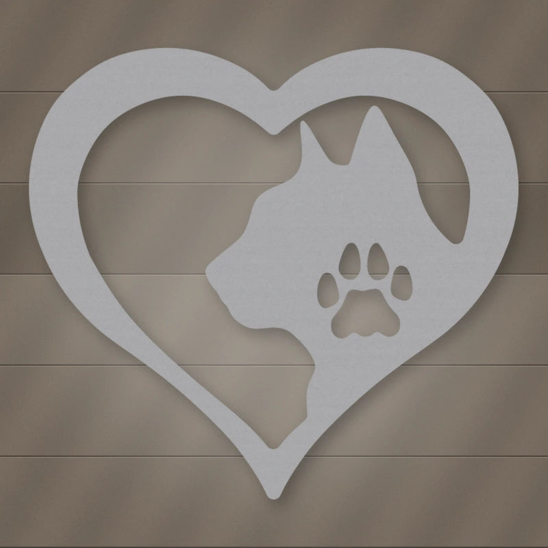 Cat Love Heart Metal Sign shown in Metallic Silver powder coat finish.