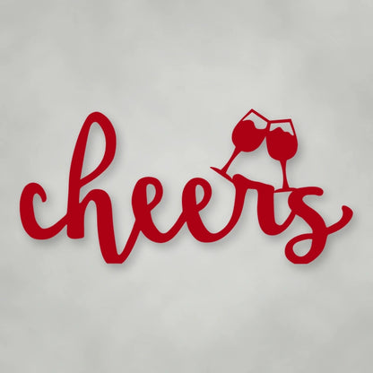 Cheers Script With Glasses Metal Sign shown in Gloss Red powder coat finish.