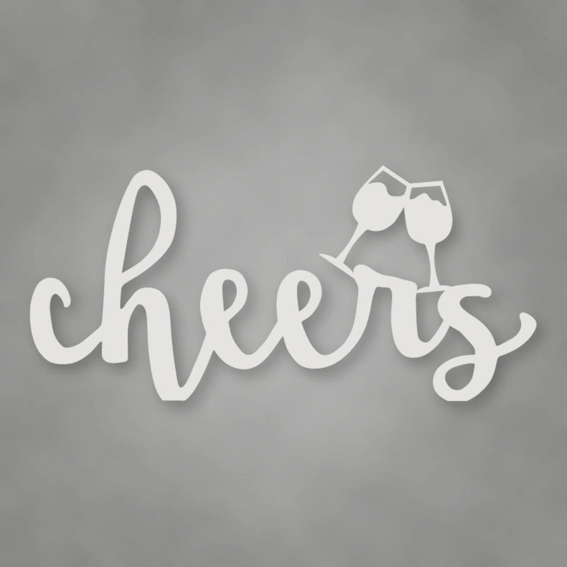 Cheers Script With Glasses Metal Sign shown in Gloss White powder coat finish.