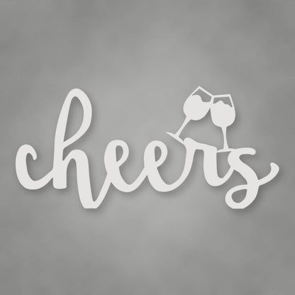 Cheers Script With Glasses Metal Sign shown in Gloss White powder coat finish.