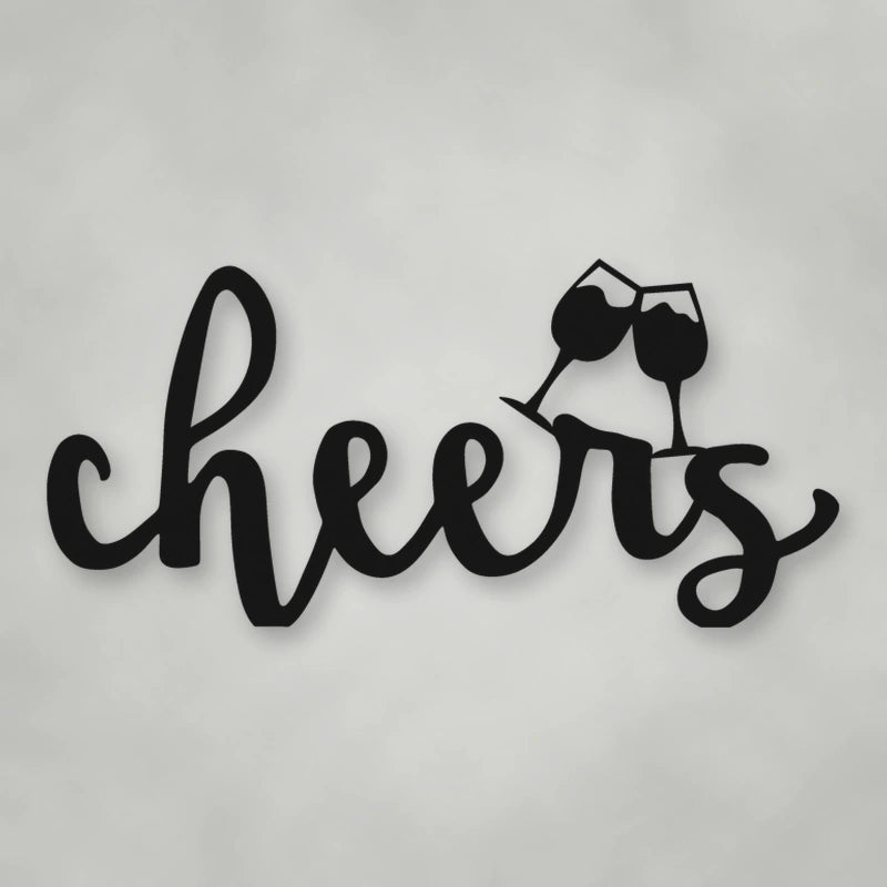Cheers Script With Glasses Metal Sign shown in Matte Black powder coat finish.