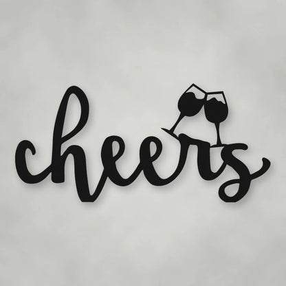 Cheers Script With Glasses Metal Sign shown in Matte Black powder coat finish.
