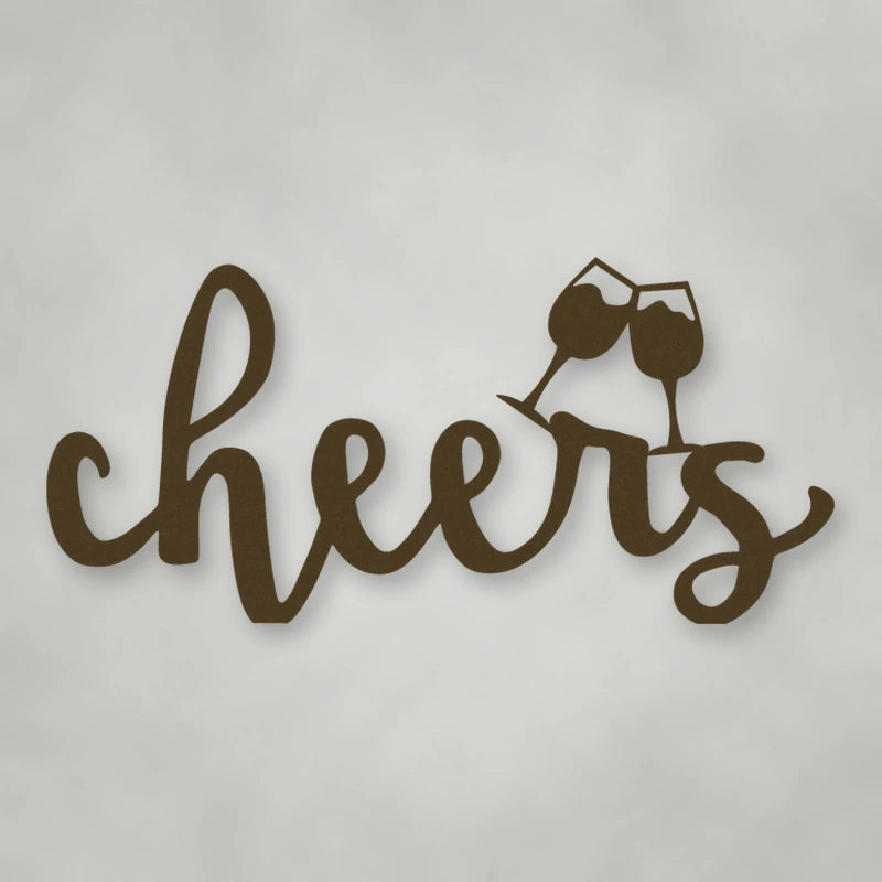Cheers Script With Glasses Metal Sign shown in Metallic Bronze powder coat finish.