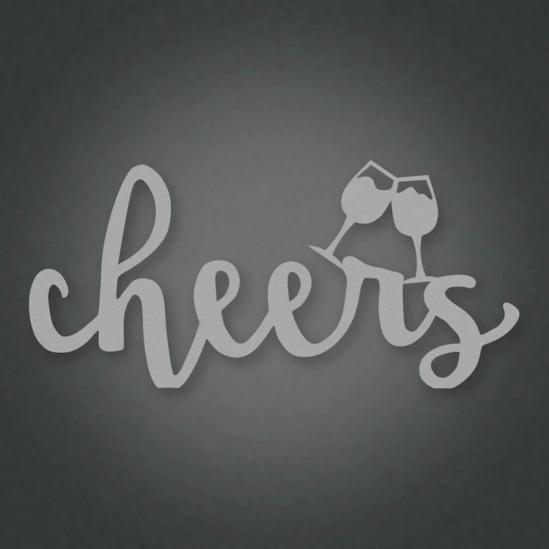 Cheers Script With Glasses Metal Sign shown in Metallic Silver powder coat finish.