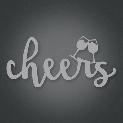 Cheers Script With Glasses Metal Sign shown in Metallic Silver powder coat finish.