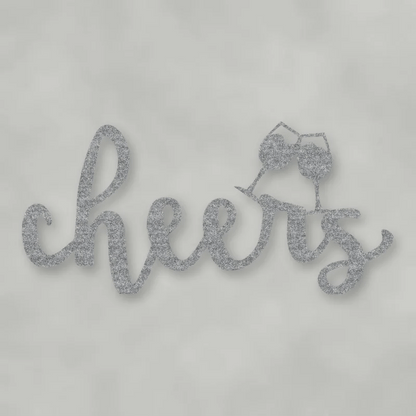 Cheers Script With Glasses Metal Sign Raw Steel / Rust animated finish preview Shopify Ready.