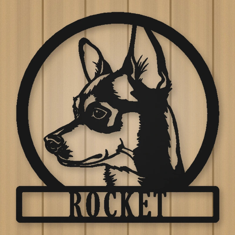 Chihuahua Dog Silhouette Personalized Name Metal Sign shown in Matte Black powder coat finish.