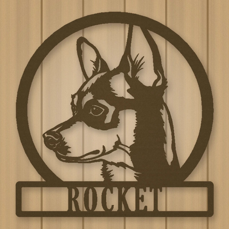 Chihuahua Dog Silhouette Personalized Name Metal Sign shown in Metallic Bronze powder coat finish.